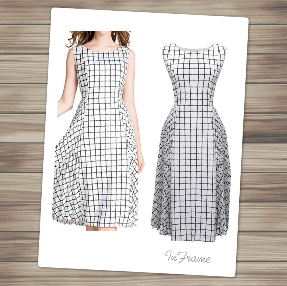 Checkered Plaid Pleated Swing Midi Dress White - Picture 2 of 4